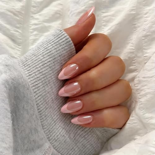 Chrome French Tip Press On Nails Short Almond, 30 Pcs Glazed Baby french pink