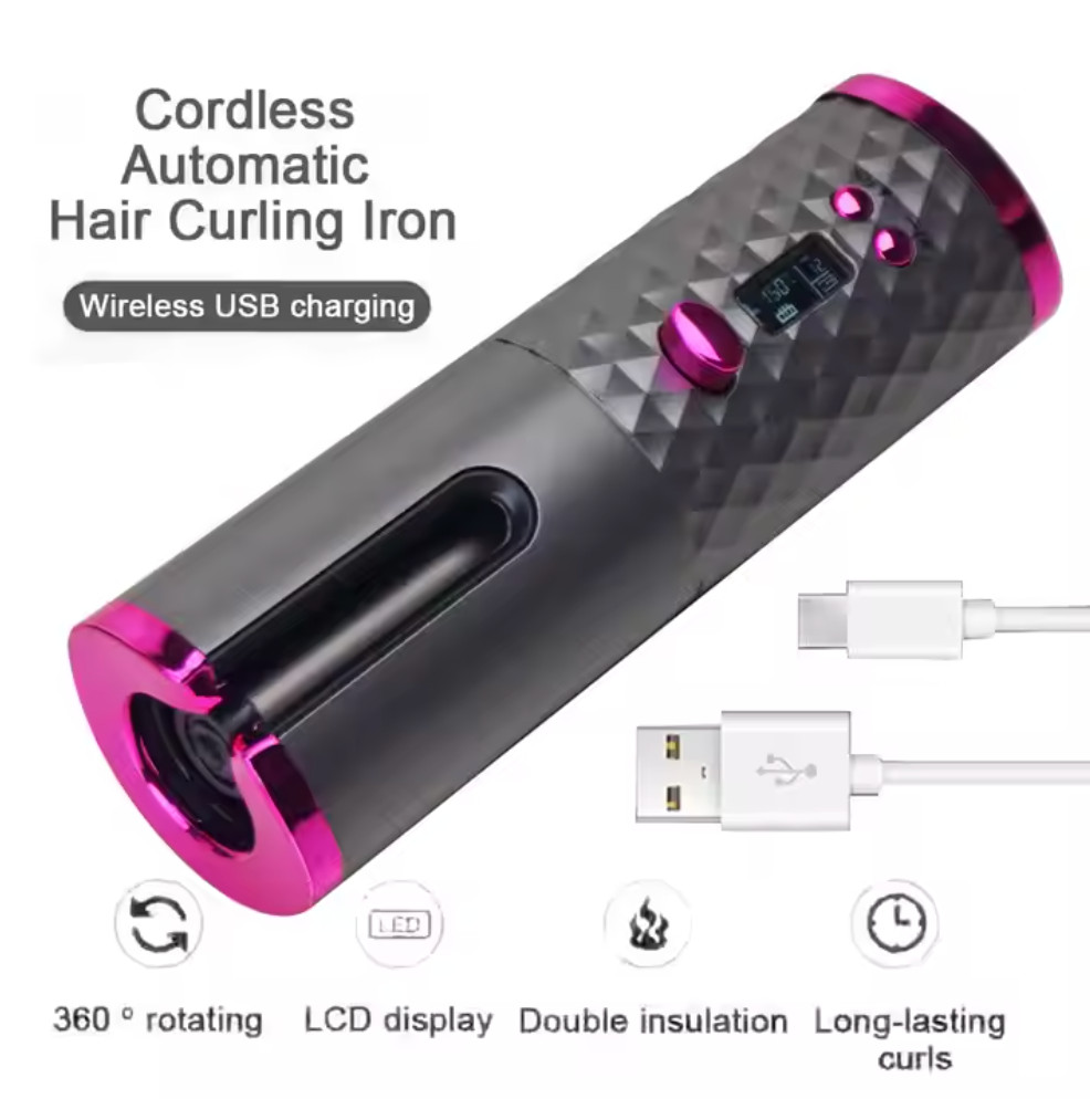 Cordless Auto Hair Curler Ceramic Rotating 6 Temps Rechargeable Travel Curling I