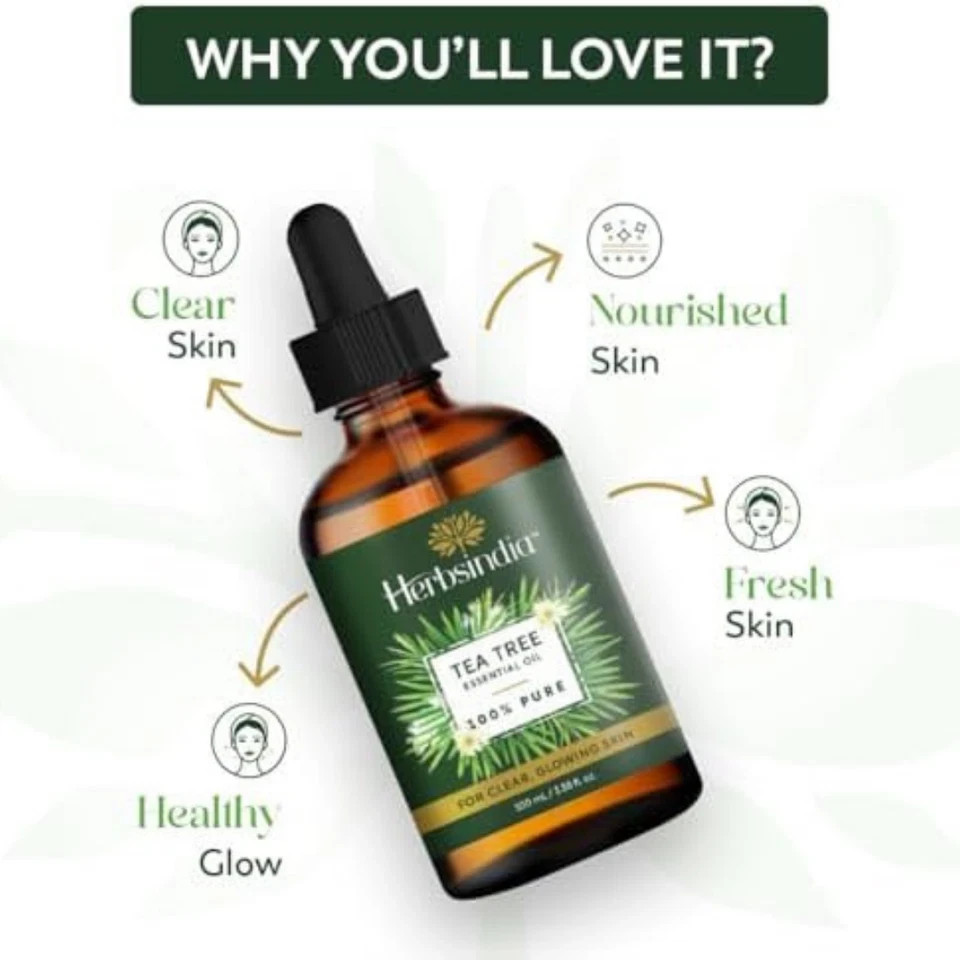 HerbsIndia Tea Tree Essential Oil 3.3oz 100% Pure Premium Glass Dropper