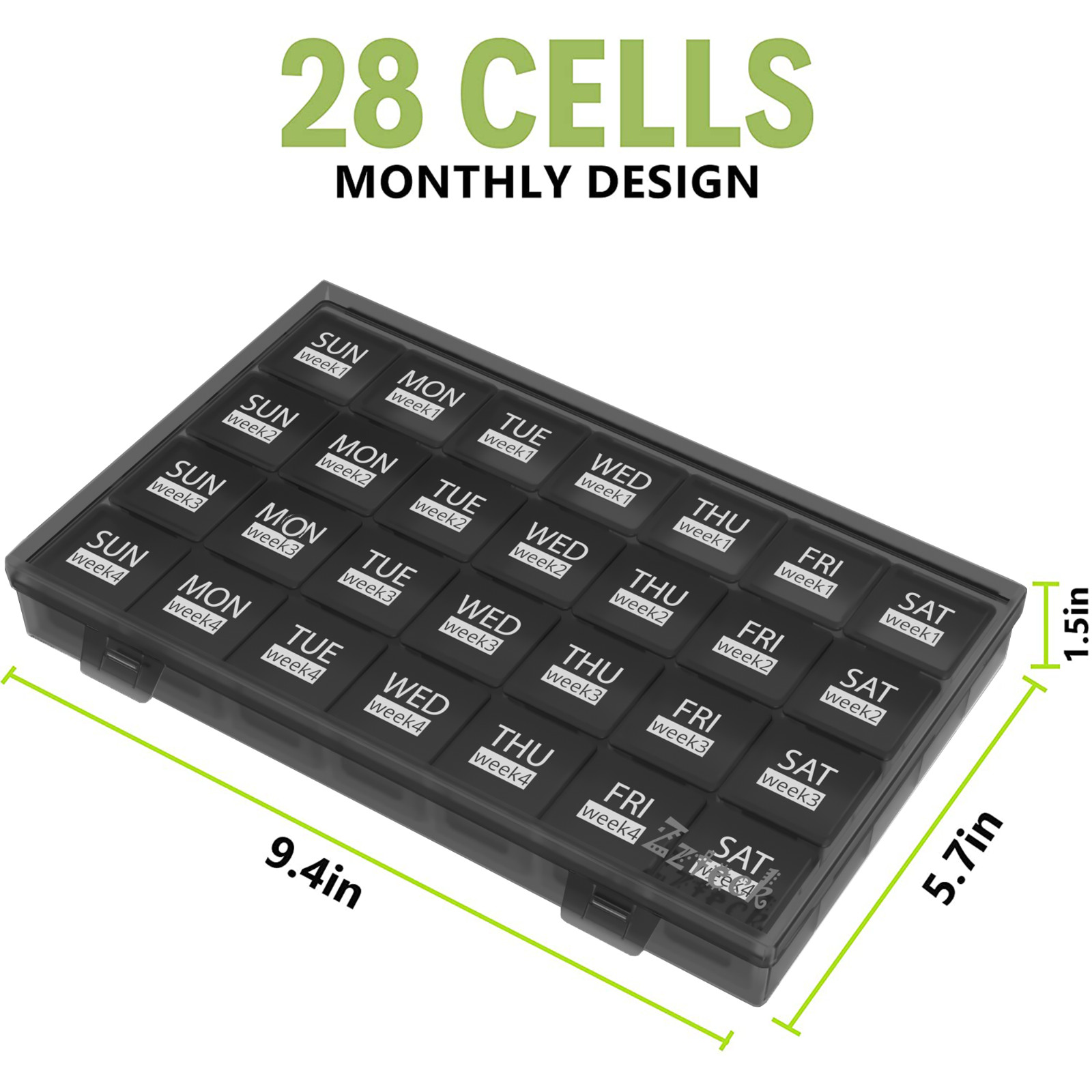 Black Zzteck Monthly Pill Organizer for 4 Weeks – 1 Time a Day, XL Compartments