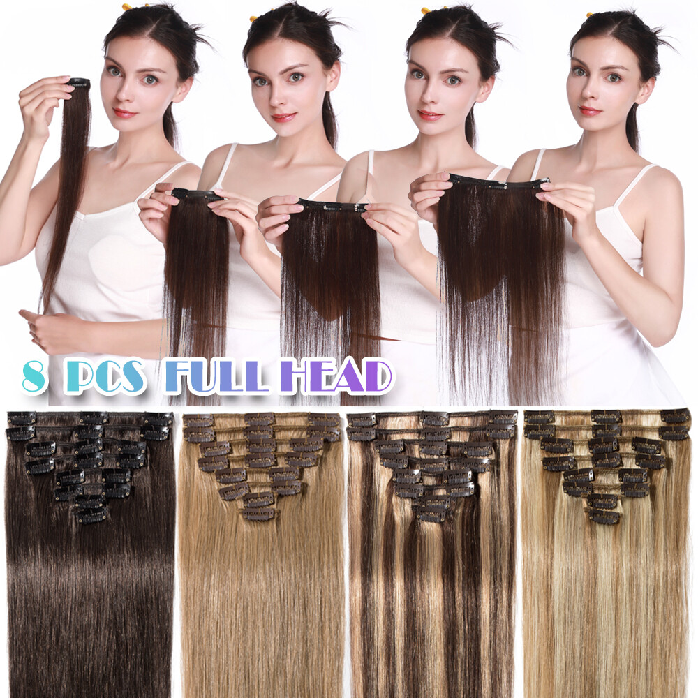 12″-24″ CLIP in Hair Extensions 100% Real Remy Human Hair Extensions Full Head O