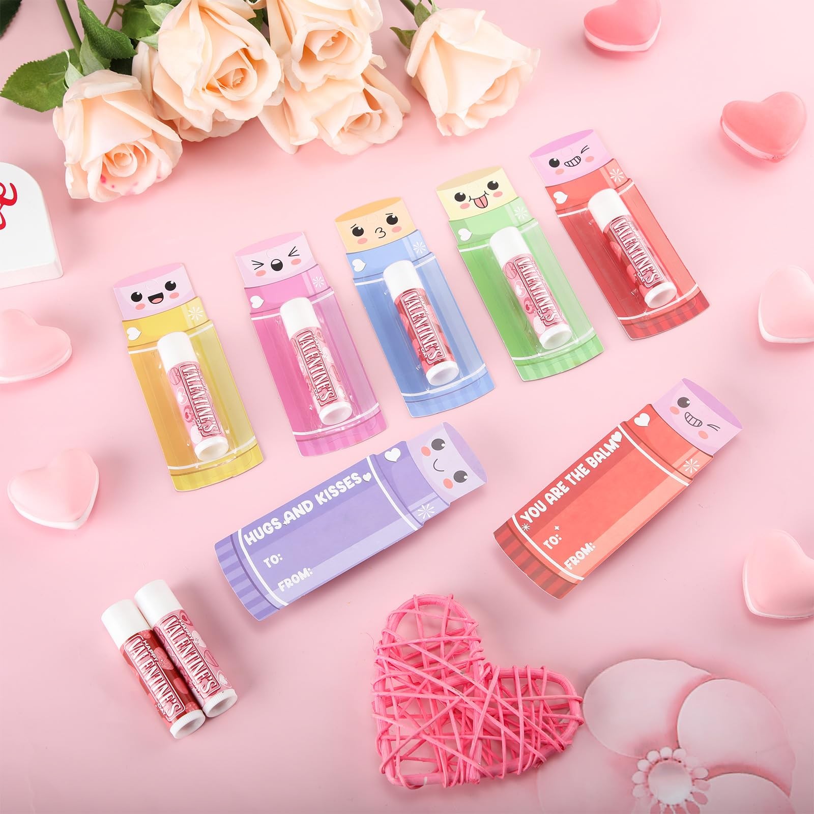 24 Set Valentine’s Gift Lip Balms Bulk with Cards Galentine’s Day Gifts Valen…