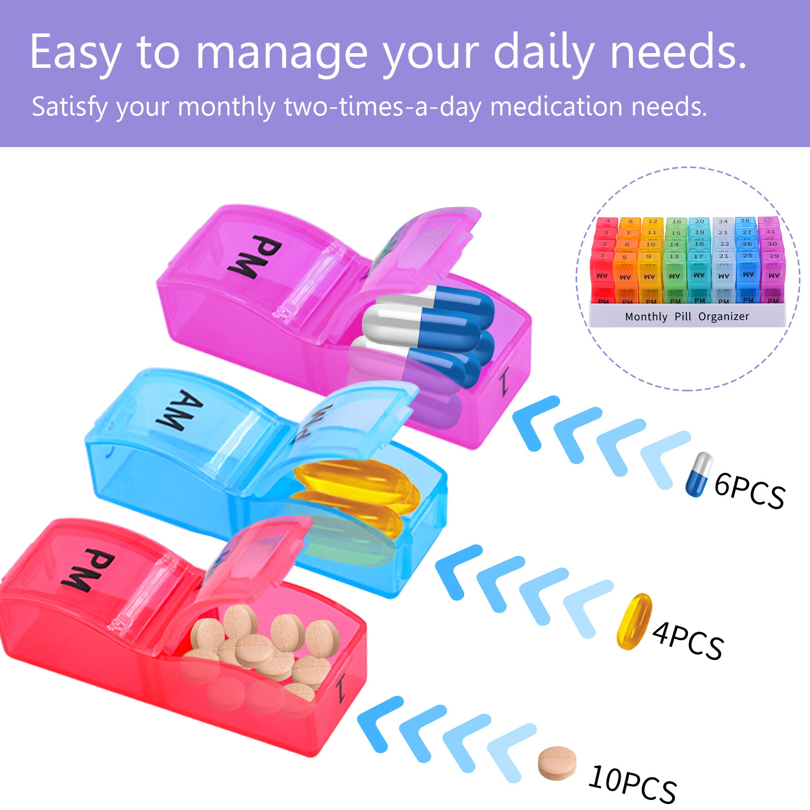 Monthly Pill Organizer Pill Case Box 31 Day AMPM 32 Single Unit Lock Compartment