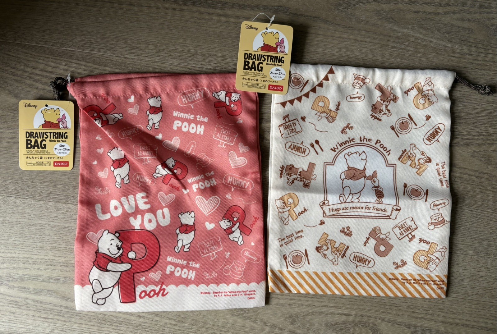 New Disney Daiso Winnie The Pooh and Friends Drawstring Bags Set of 2
