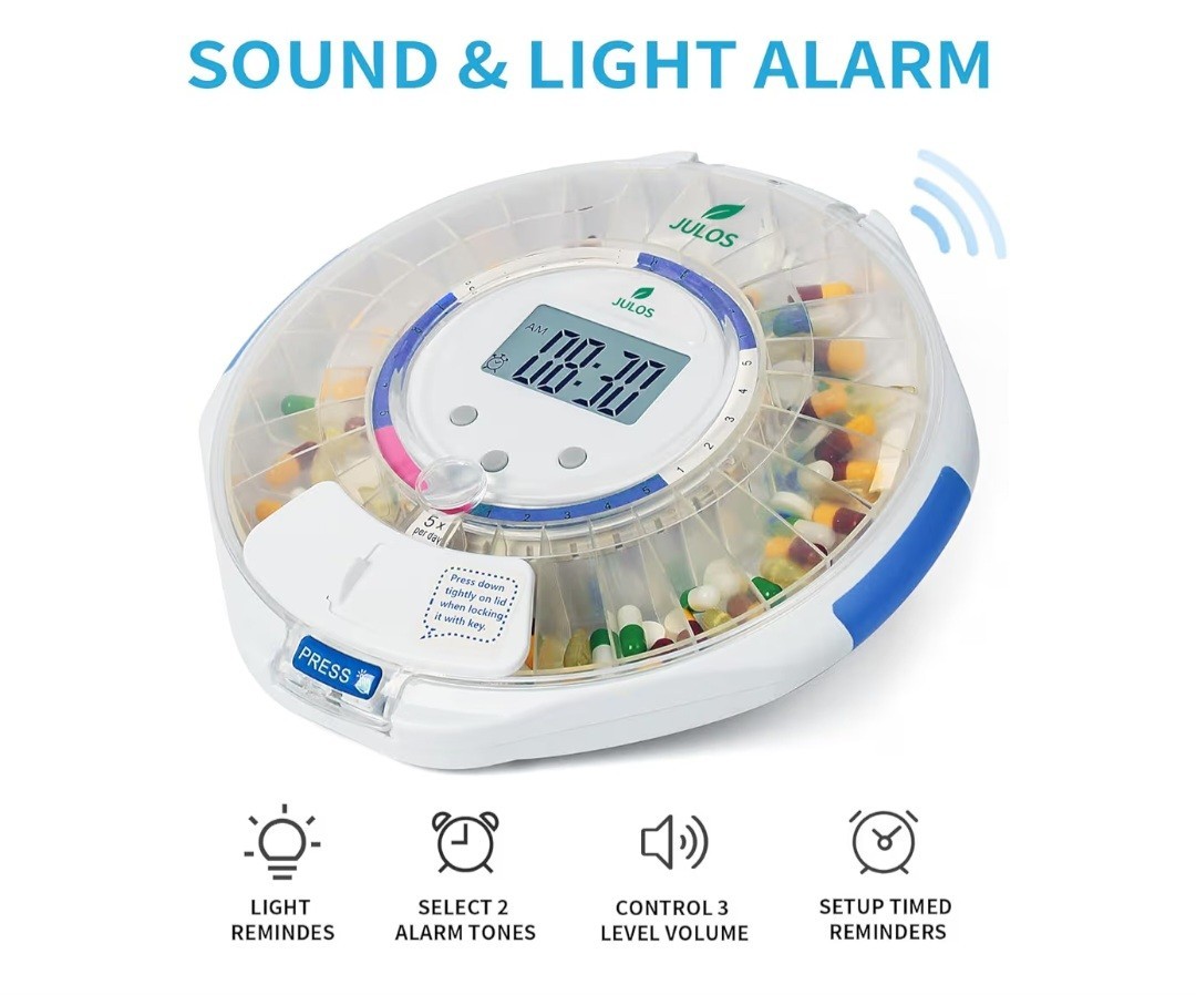 Senyerkare Bluetooth Automatic Pill Dispenser, Lock Compartment, Clear Lid