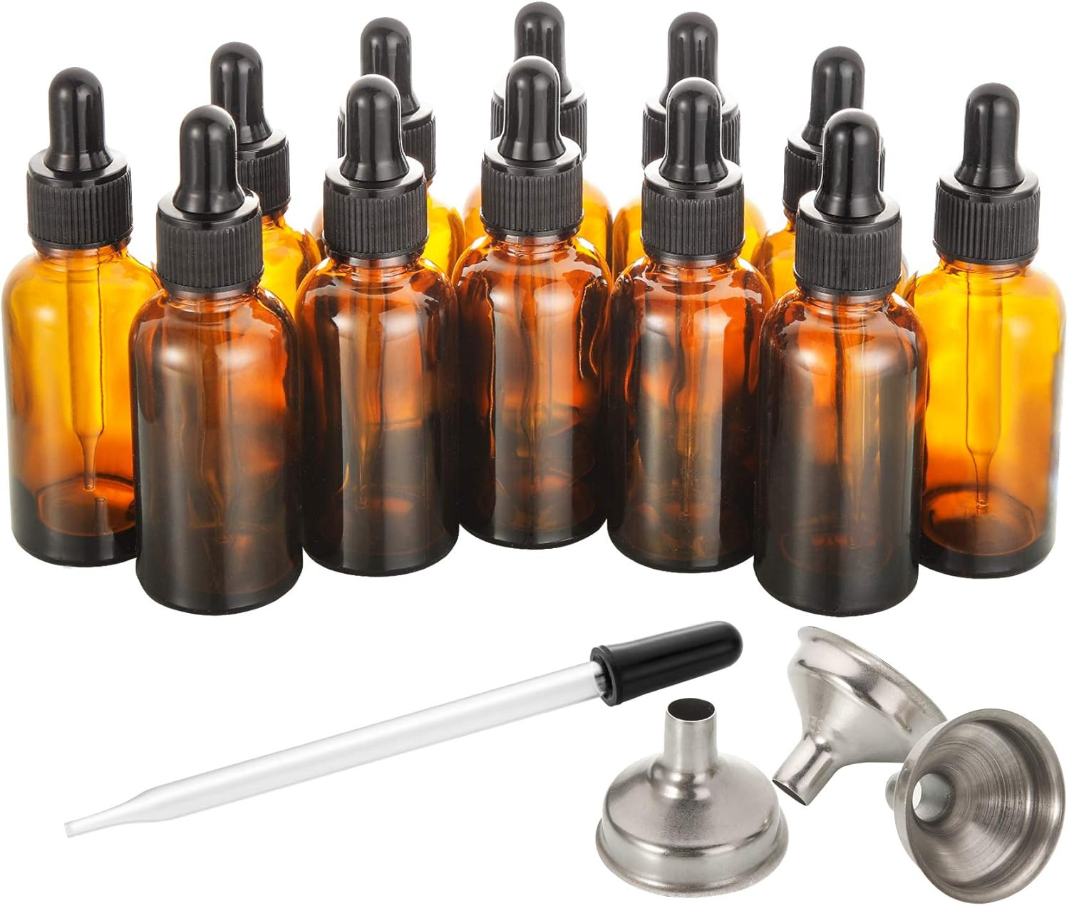12 Pcs, 1 Oz Amber Dropper Bottles W/ 3 Stainless Steel Funnels & 1 Long Glass D