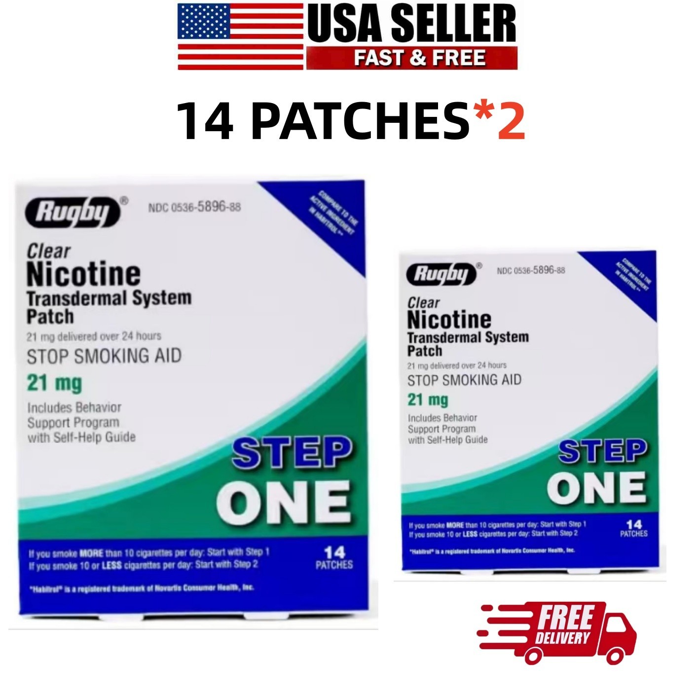 2 PACK Rugby Clear Nicotine 21mg Transdermal System Patch Step Exp 06/2028