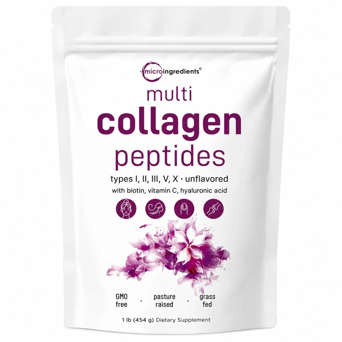 Multi Collagen Peptides Powder (I,II,III,V,X) with Biotin, C & HA, 1lb