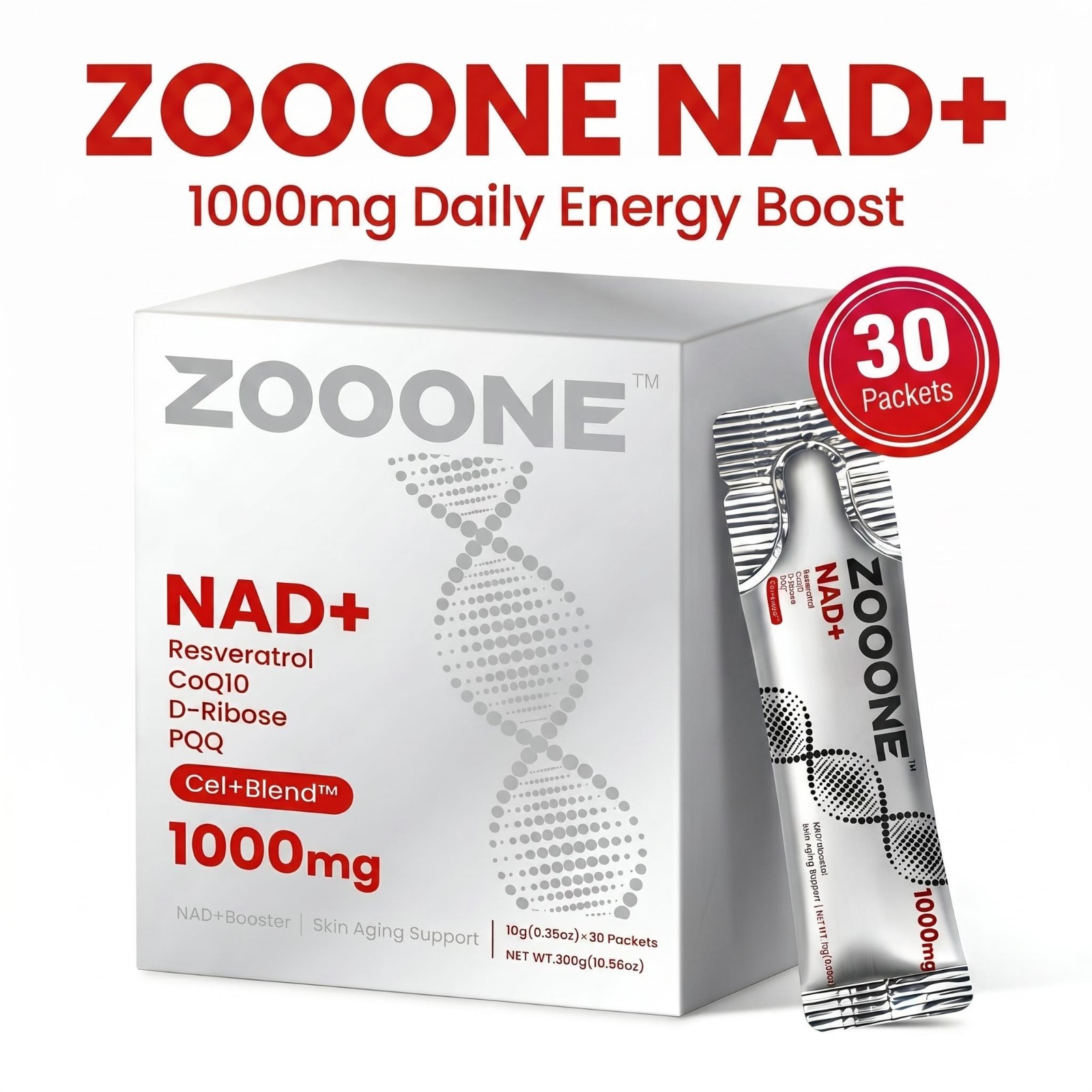 ZOOONE NAD+ 1000mg Resveratrol CoQ10 PQQ Antioxidant Anti Aging 30 Packets