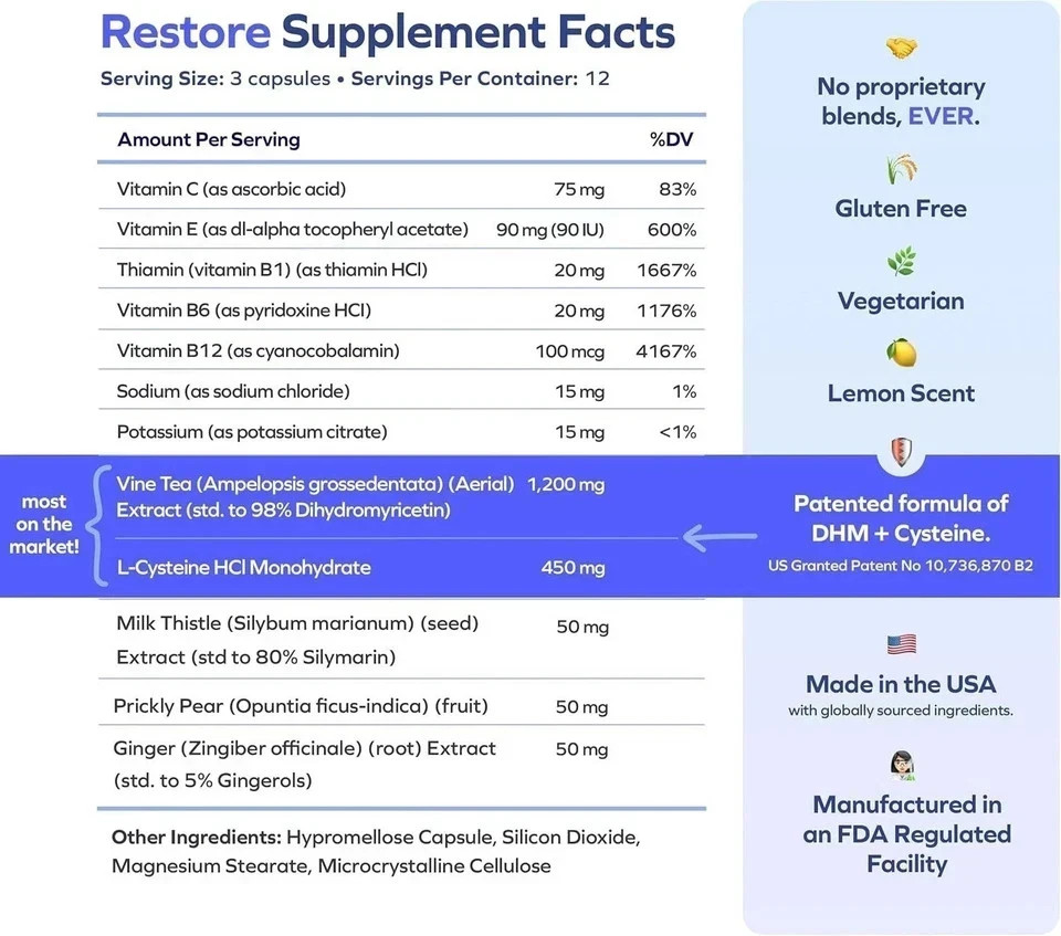 Cheers Restore DHM L-Cysteine After-Alcohol Liver Support Capsules 36ct