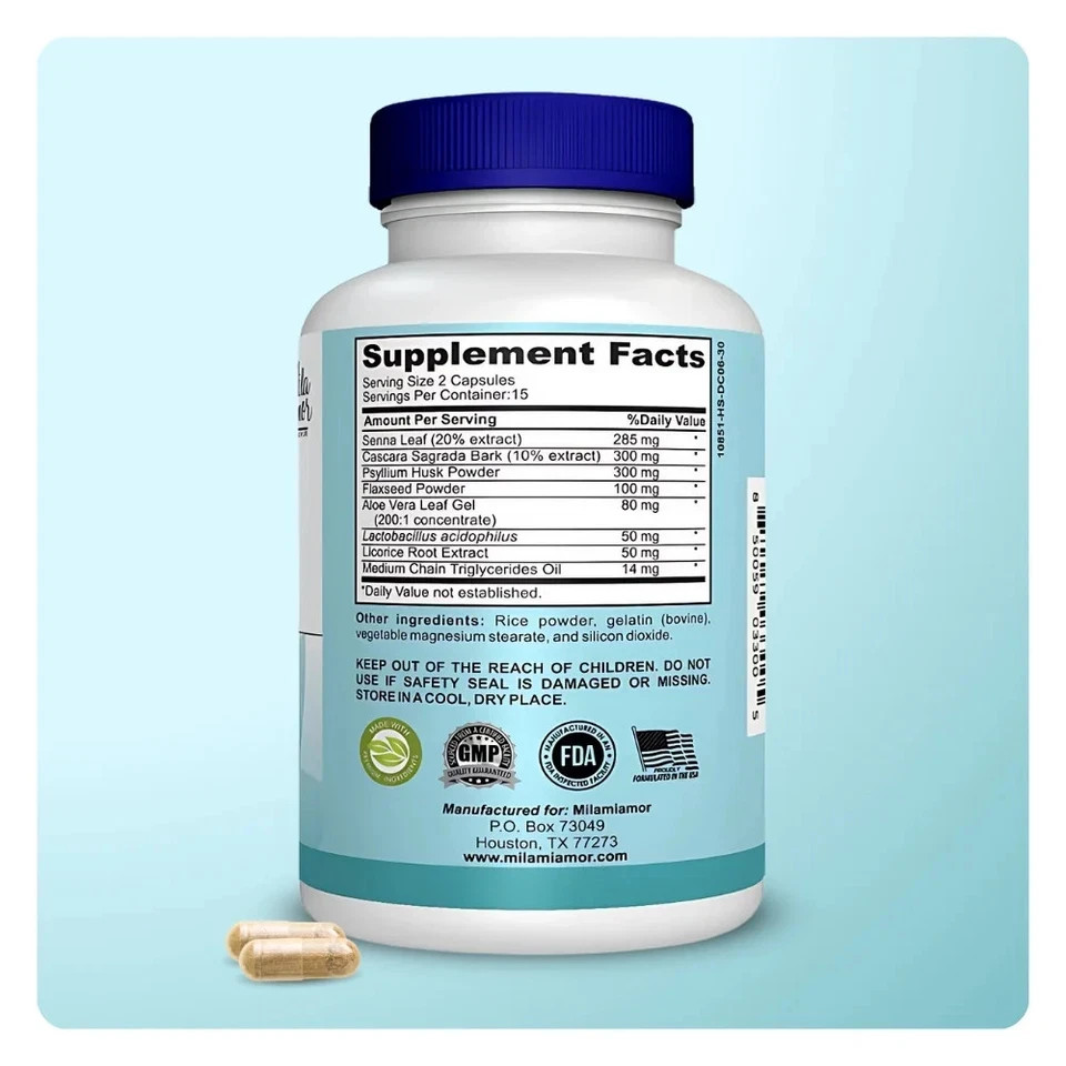 15 Day Cleanse Capsules Gut Colon Digestion Support Detox Psyllium Husk 30 Pills