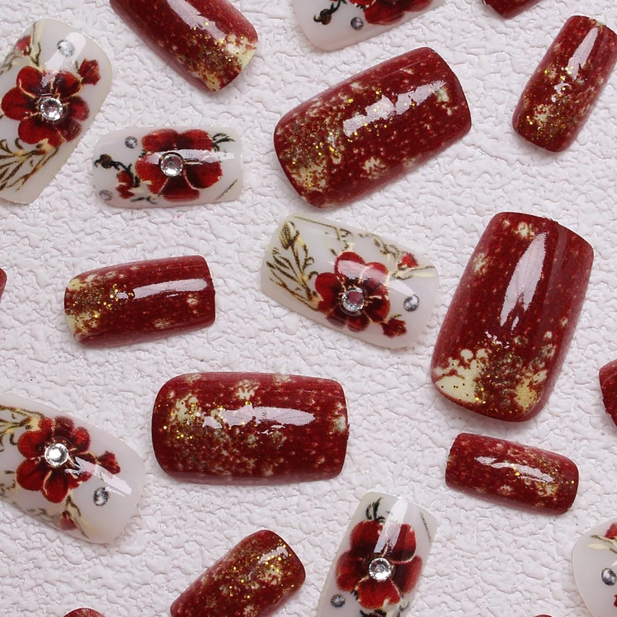 Summer Press on Nails Glitter Floral Long Square False Nails Reusable Fake