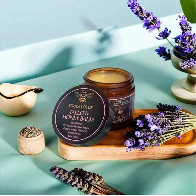 3PC Organic Grass-Fed Beef Tallow Balm with Raw Honey Lavender Skin Moisturizer