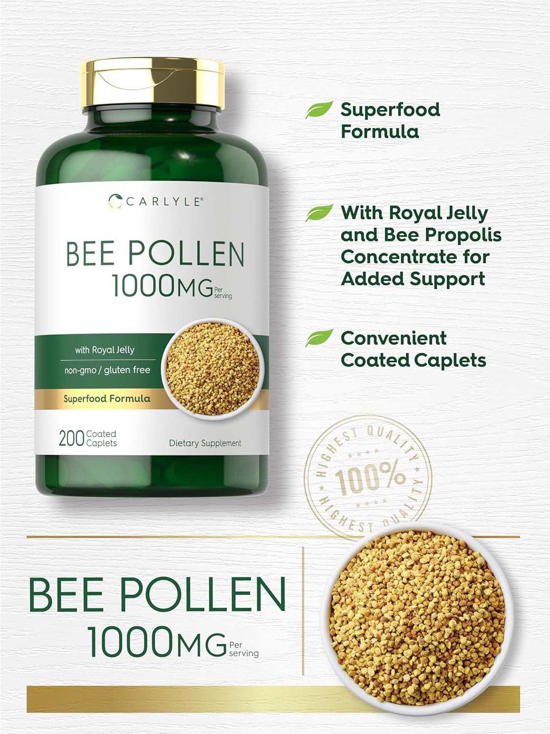 Bee Pollen 1000mg | 200 Caplets | With Royal Jelly and Bee Propolis | by Carlyle