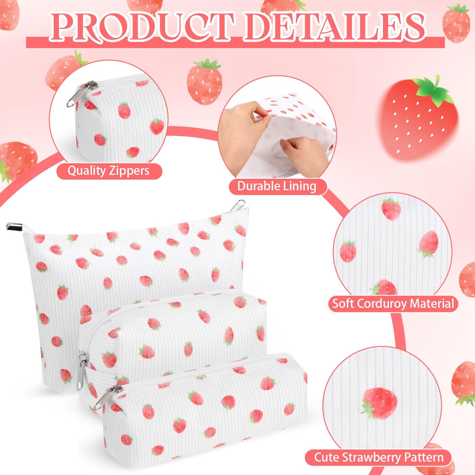 Huhumy 3 Pcs Makeup Bag Set for Women Corduroy Cosmetic Pouch Aesthetic White
