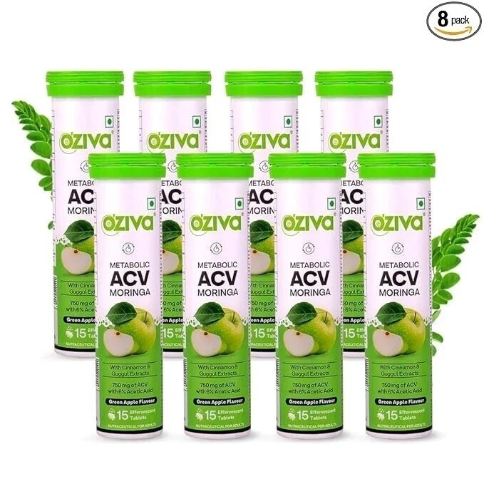OZiva ACV Moringa | Control Cravings No Added Sugar I 15 Effervescent Tablet 8pc