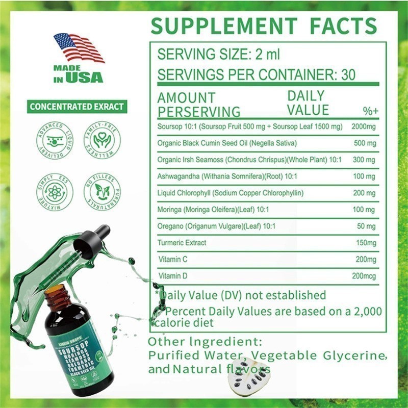 Soursop Bitters Liquid Drops 10 in 1 with Sea Moss, Moringa, Turmeric, Black See
