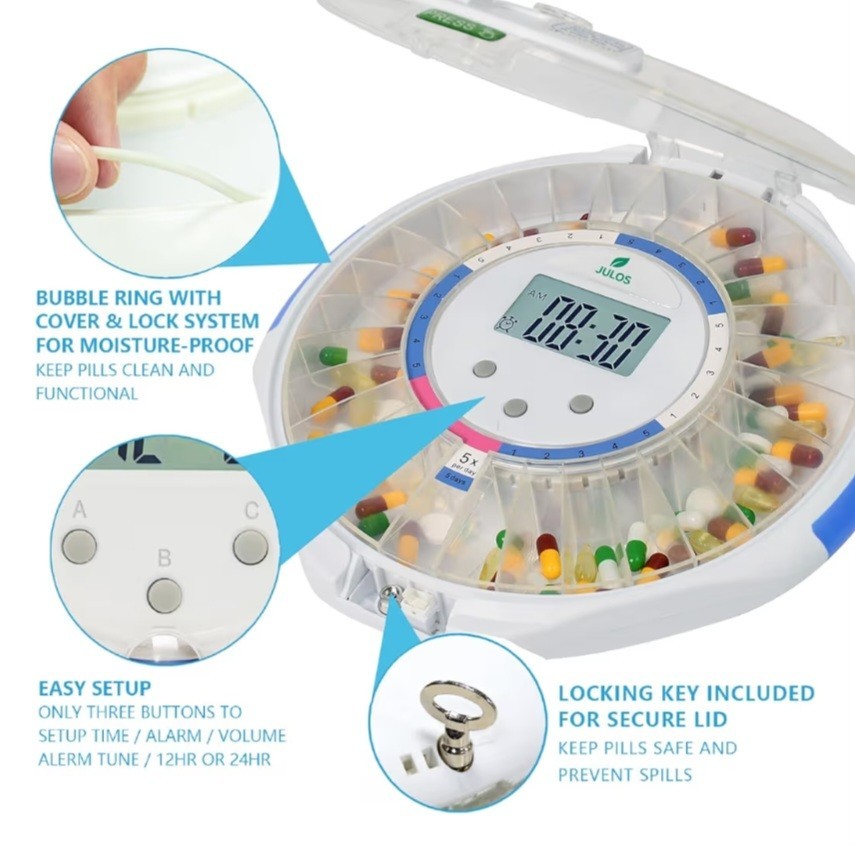 Senyerkare Bluetooth Automatic Pill Dispenser, Lock Compartment, Clear Lid
