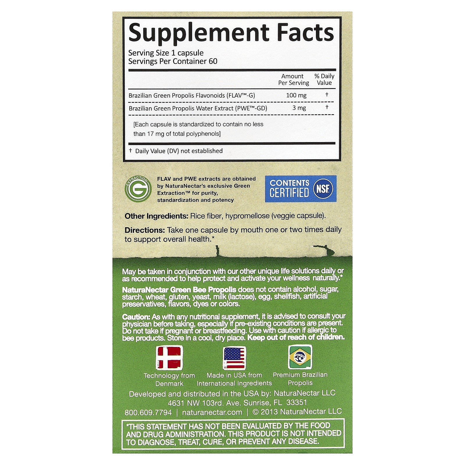NaturaNectar Green Bee Propolis 60 Veggie Caps Alcohol-Free, All-Natural,