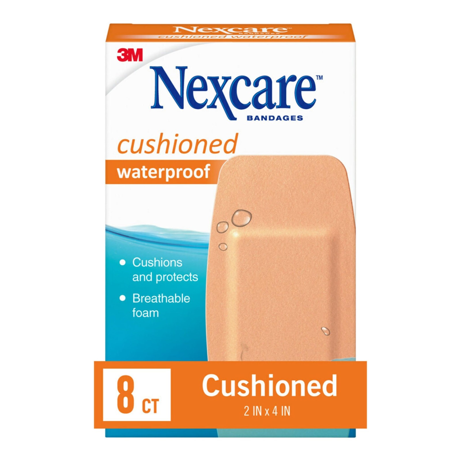 Nexcare Waterproof Cushioned Bandages, Knee & Elbow, 2 x 4 in, 8 Count, Beige