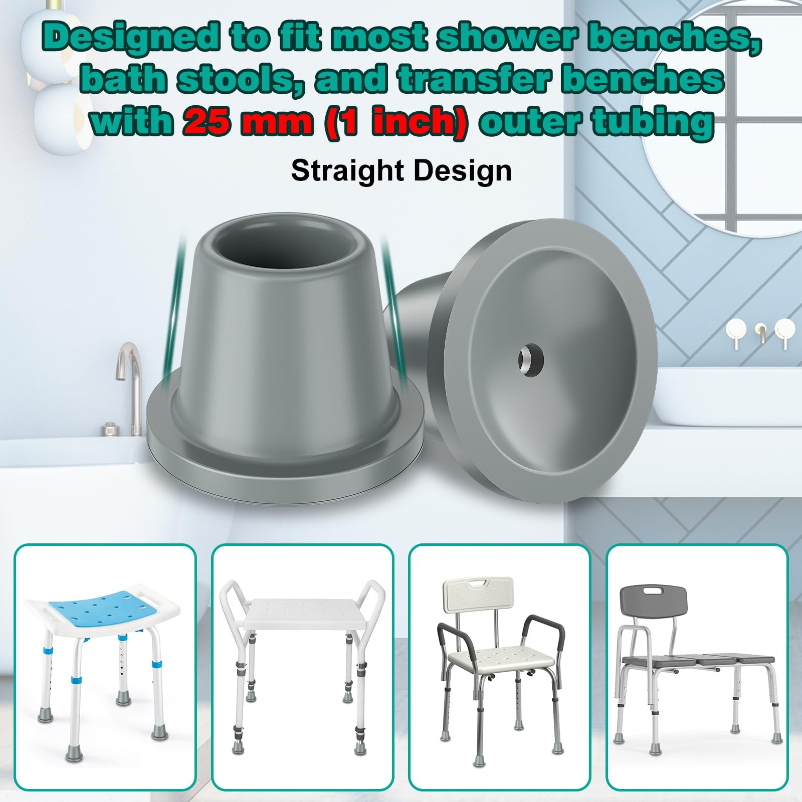 4 PCS Feet Caps Shower Chair 1 Inch I.D Heavy Duty Rubber Tub Transfer
