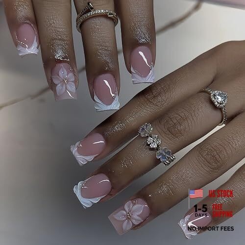 24Pcs White French Tip Press on Nails Short Square Fake white embossed floral