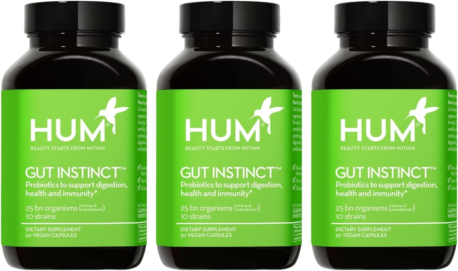 Pack of 3 HUM Gut Instinct, Daily Probiotics for Digestive Health Free Shipping