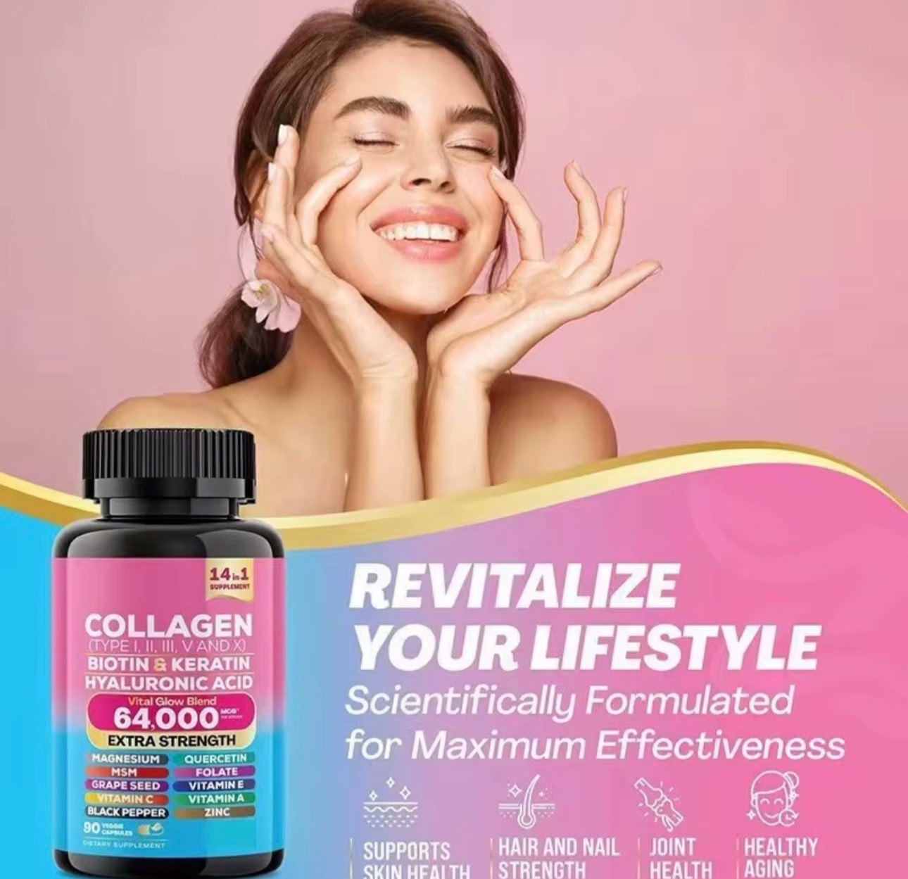 Collagen 14 in 1 Capsules 90 Count Support Hair Nail Joint Health 64000mcg V