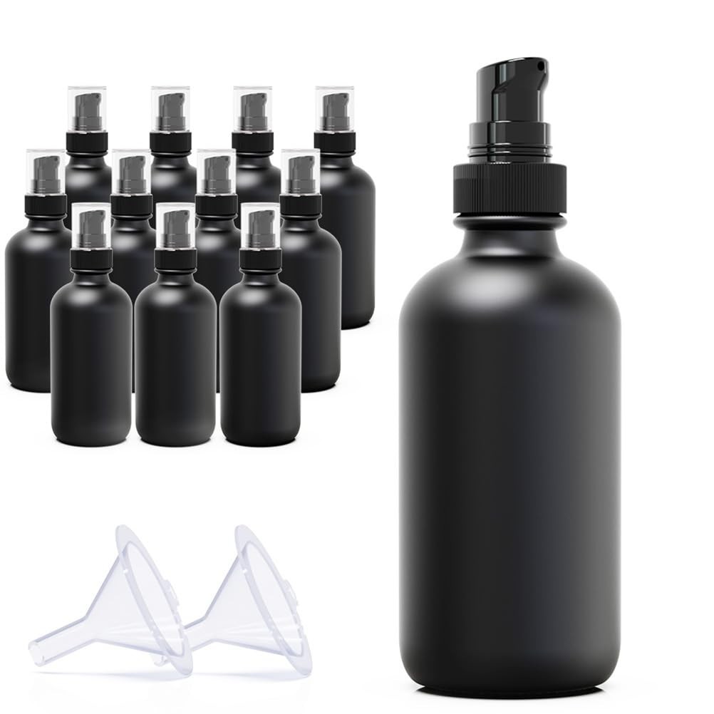 12-Pack 120ml Matte Black Glass Pump Bottles, Travel Size Refillable Dispensers