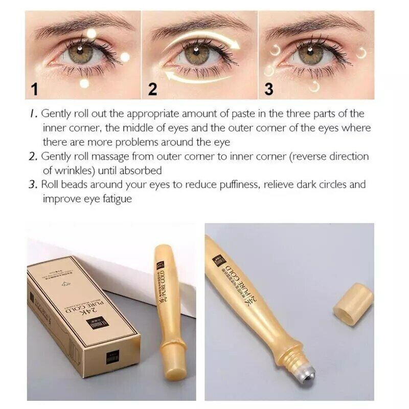 24K Gold Roll-on Puffy Eye Cream Dark Circles Puffiness Anti-Aging Fine Line