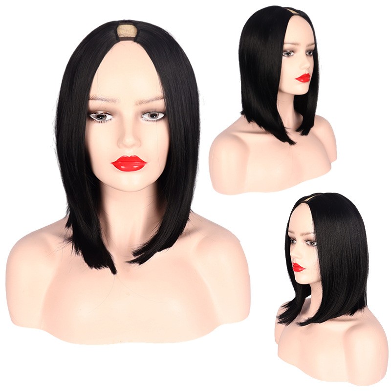 V Part Black Short Straight Synthetic Wig Heat Resistant Fiber Full Head Wig