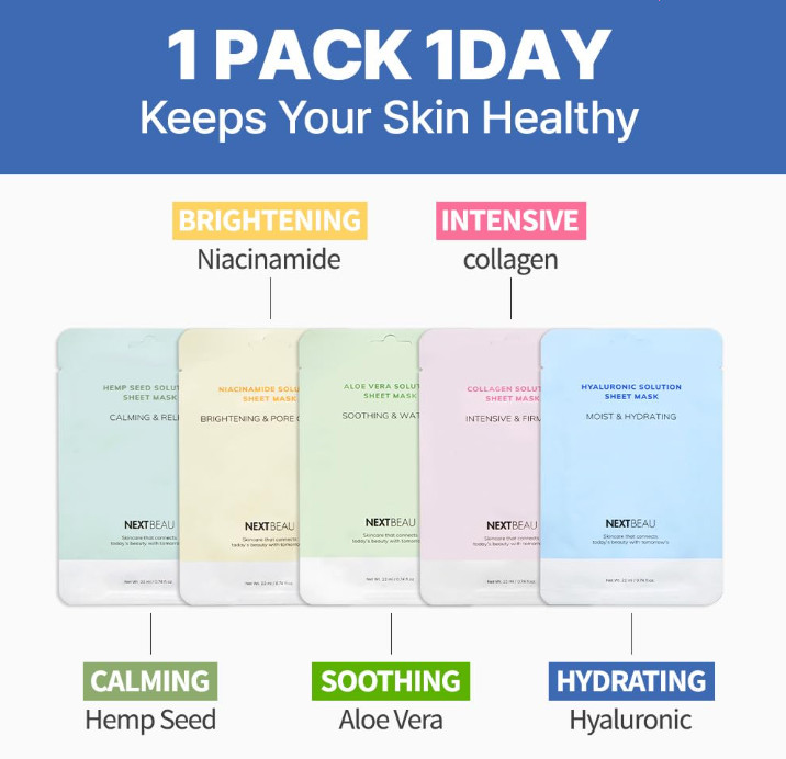 NEXTBEAU Solution Sheet Mask Variety Pack, 10 Count (5 Types x 2 Sheets) 0.74 oz