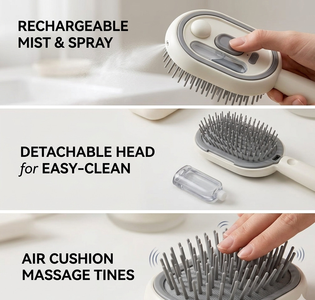 Electric Spray Air Cushion Massage Comb, Rechargeable Mist Hair Brush Easy-Clean