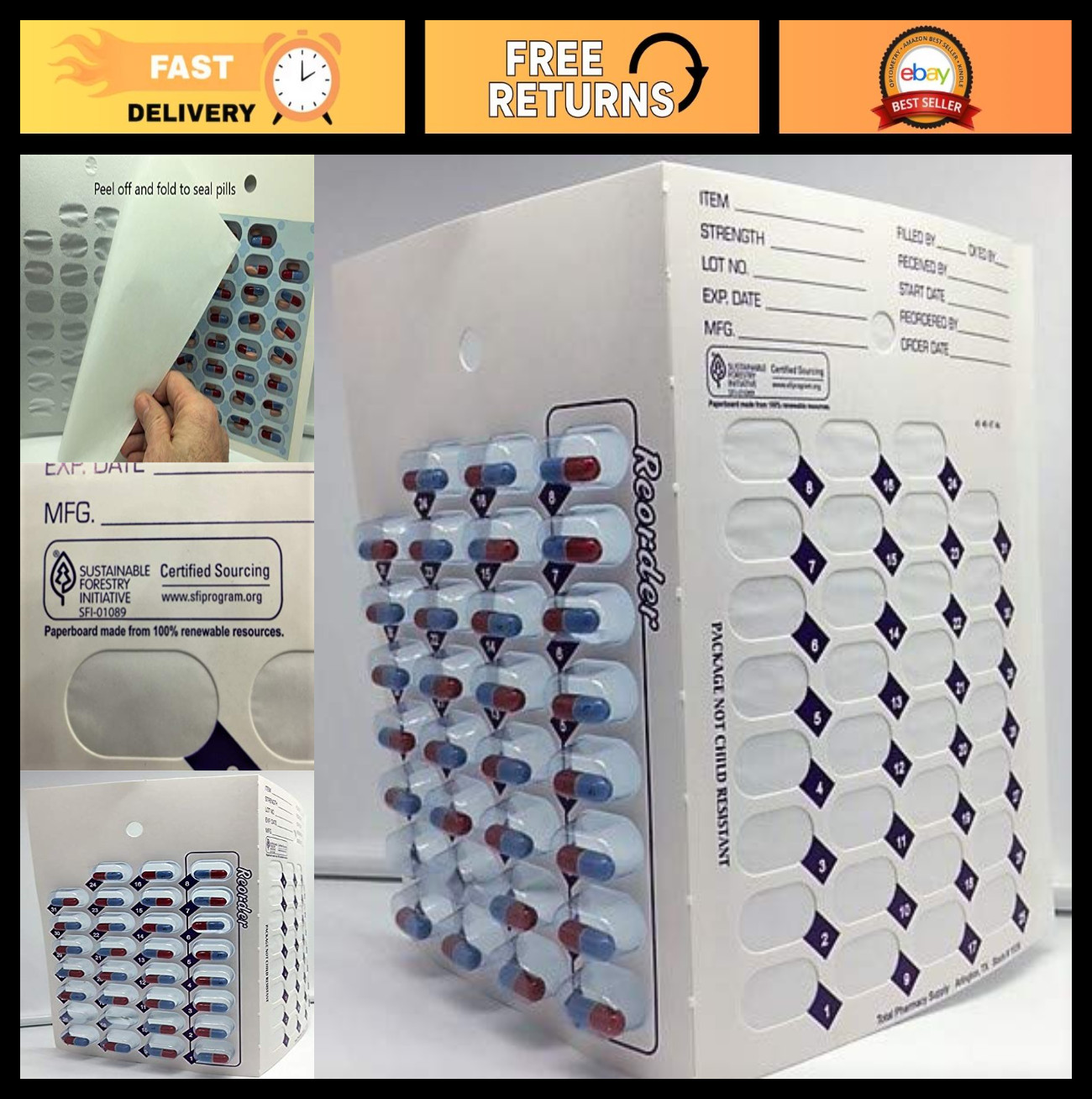 31-Day Medication Blister Pack Cards – 48 Cold Seal Multi-Medical Organizers