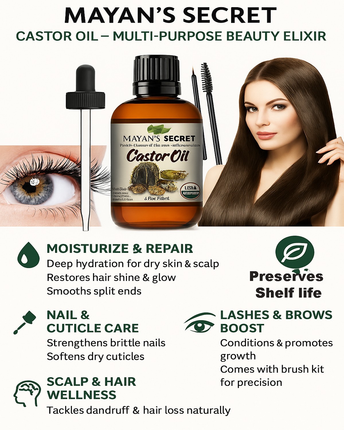 100% USDA ORGANIC Castor Oil for Eyelashes, Eyebrows,Hair Growth,Skin & Face 4oz