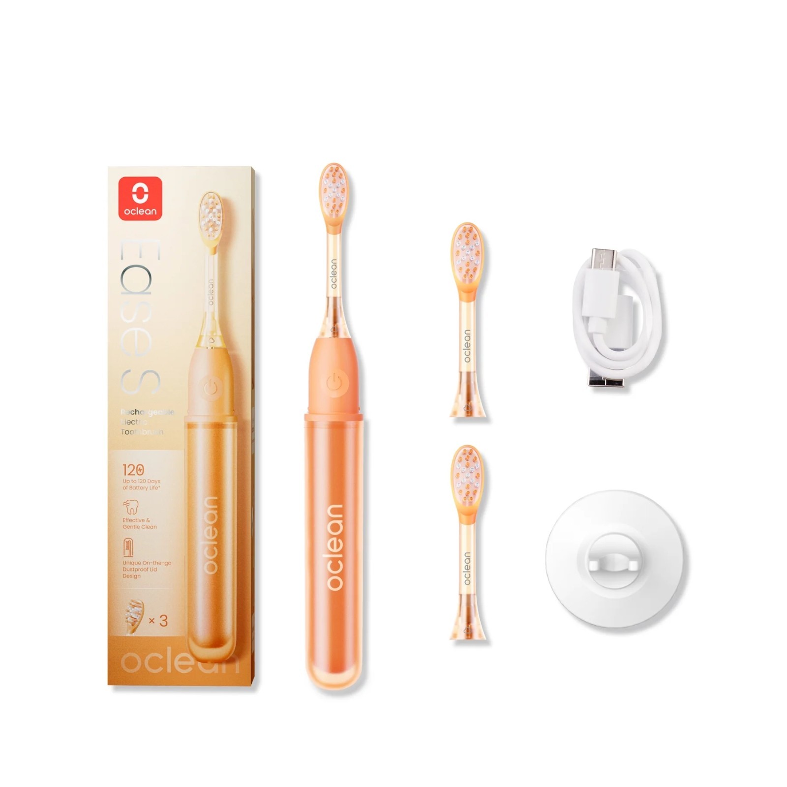 Oclean Orange Ease S Rechargable Electric Travel Toothbrush w/ 3 Heads