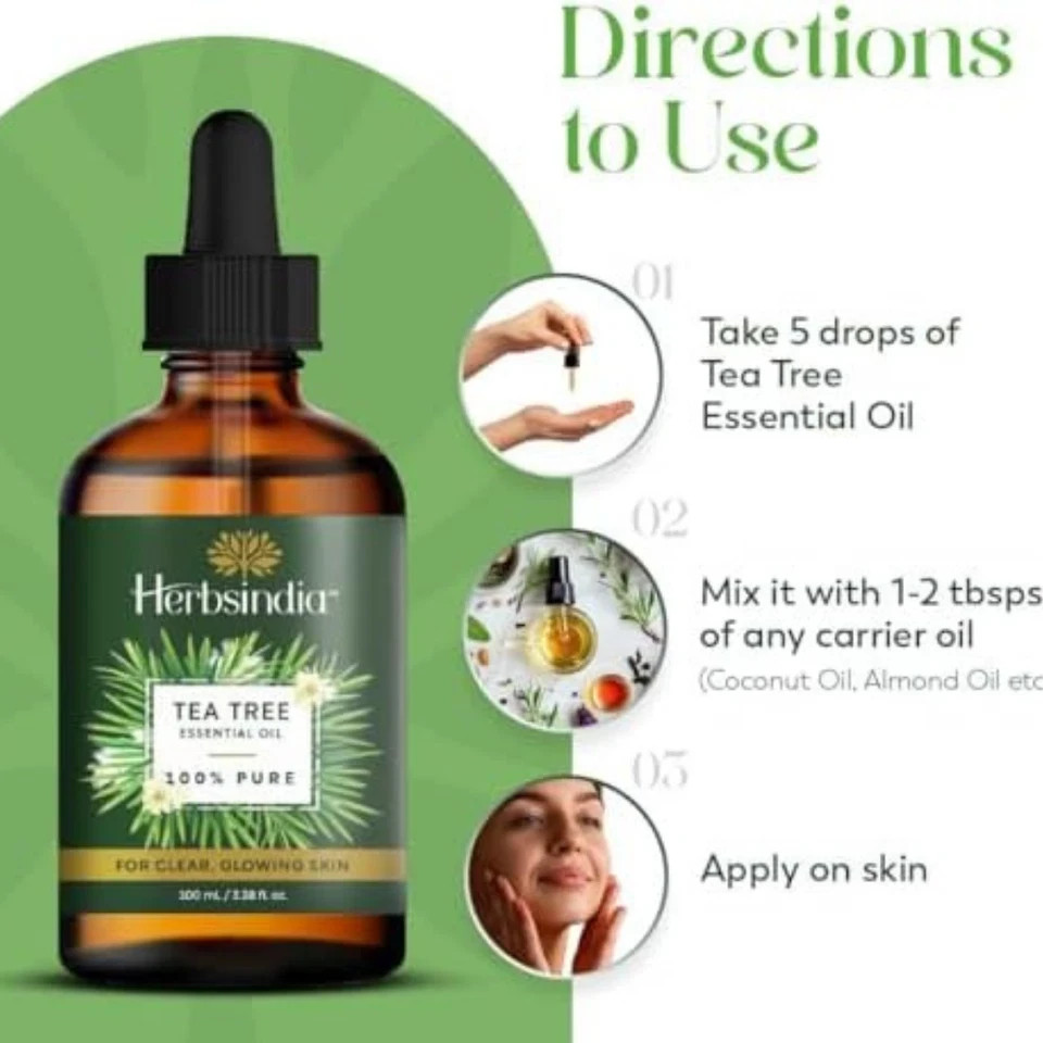 HerbsIndia Tea Tree Essential Oil 3.3oz 100% Pure Premium Glass Dropper