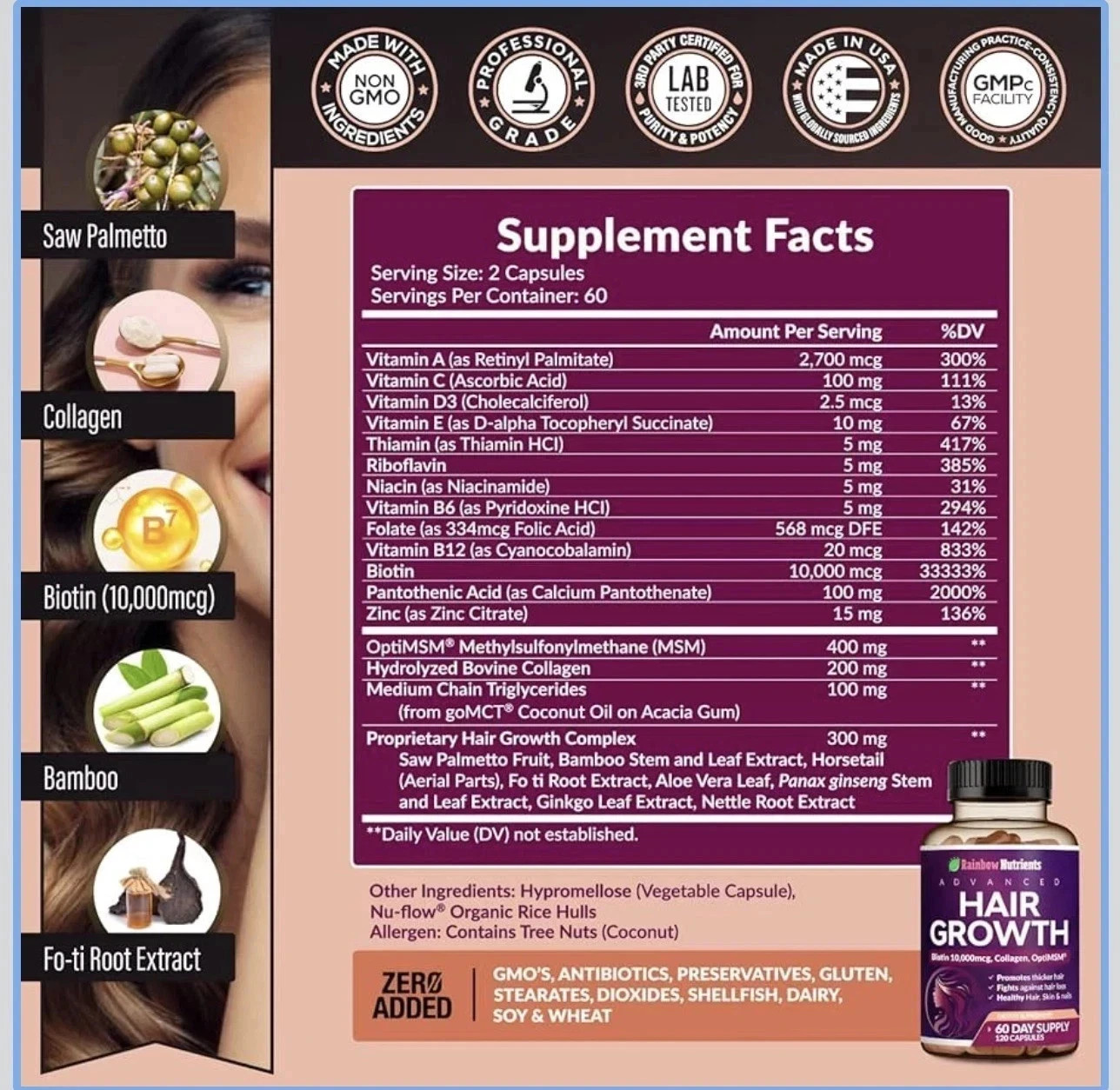Hair Growth Complex | Biotin Collagen Supplement Prevents Hair Loss & Improves