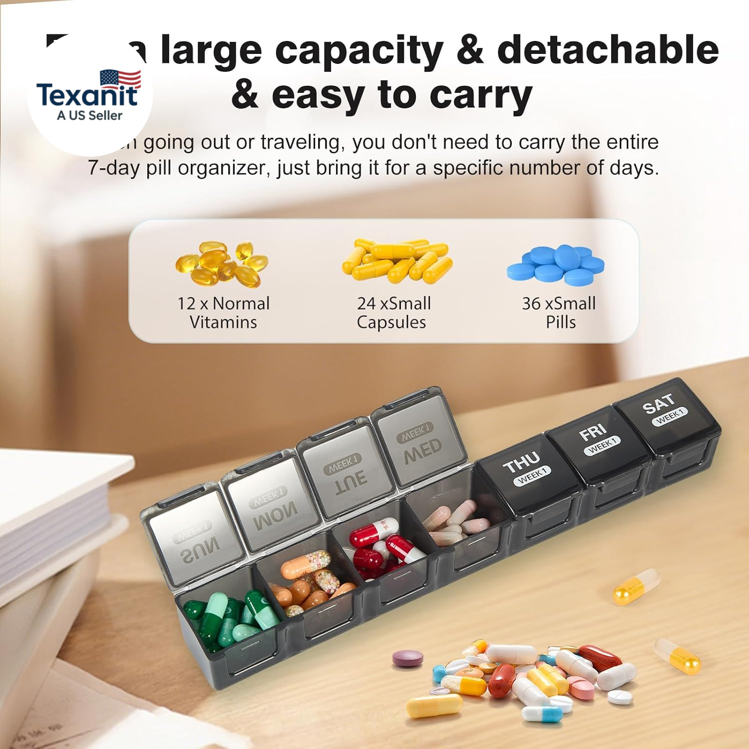 Monthly Pill Organizer 28 Day Large Pill Box 4 Times Daily Travel Black