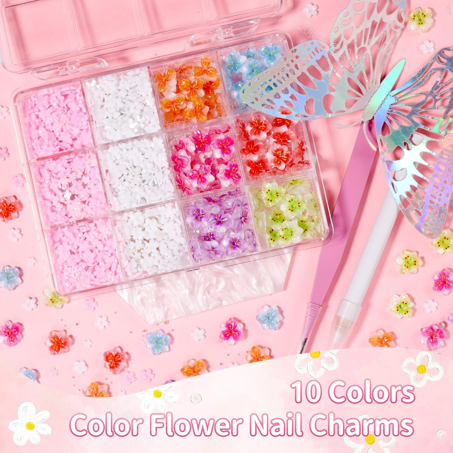 Mini Blossom Flower Nail Charms, 3D Color Flower Nail Art Charms,Mix Sizes Bubbl