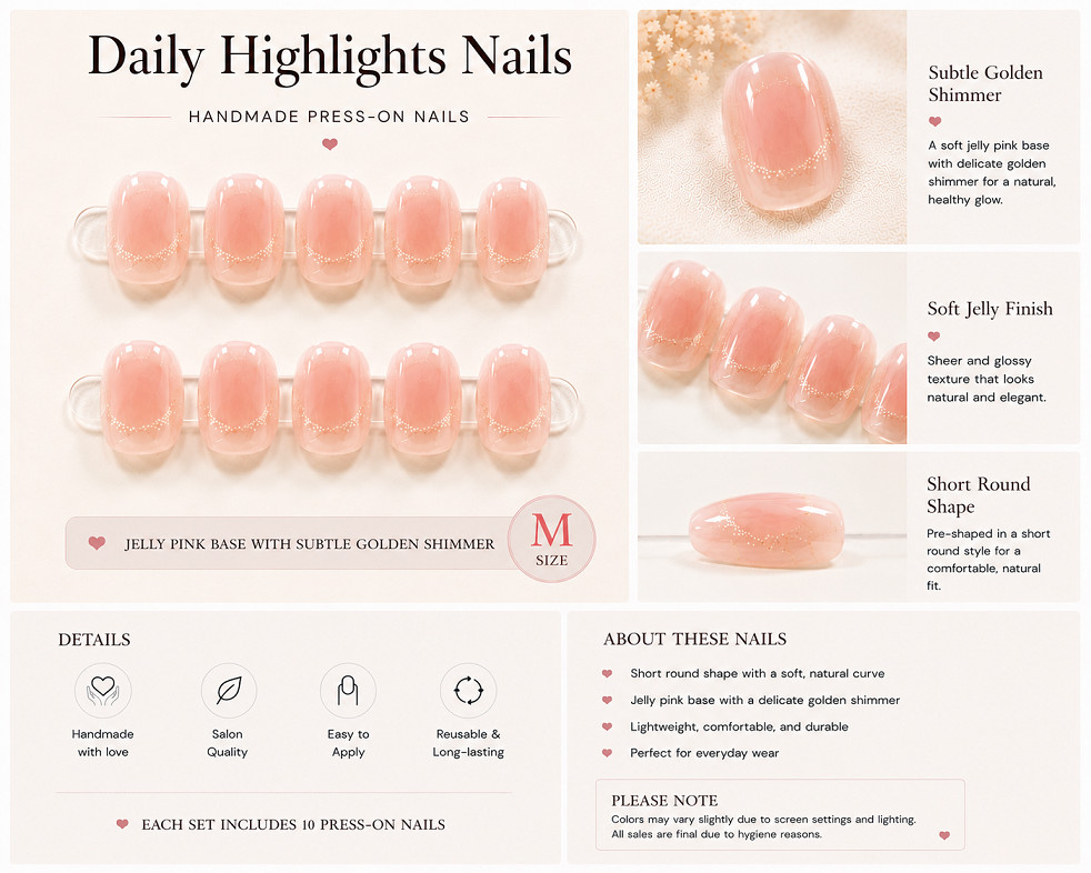 Handmade Soft Pink Cat Eye Press-On Nails Size M Short Round Gold Shimmer