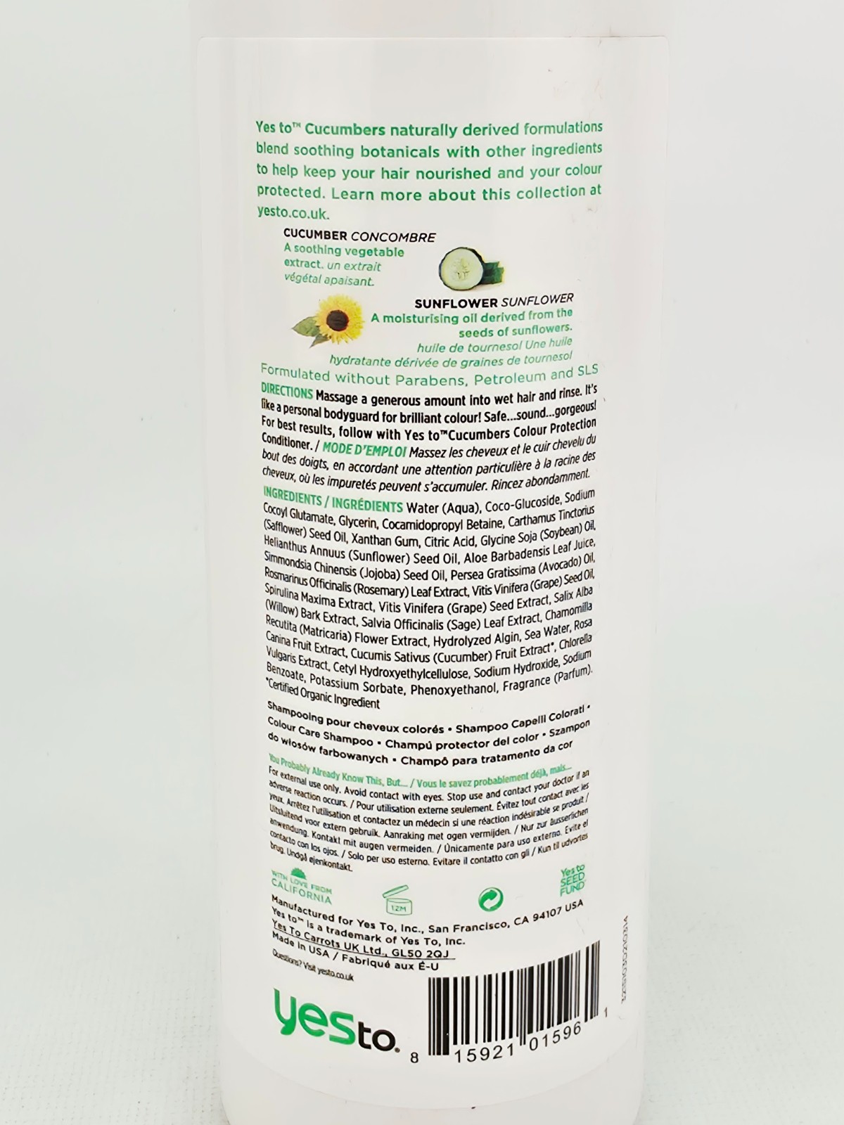 Yes To Cucumbers Color Treated Hair Protection Shampoo 16.9 oz Lot of 2