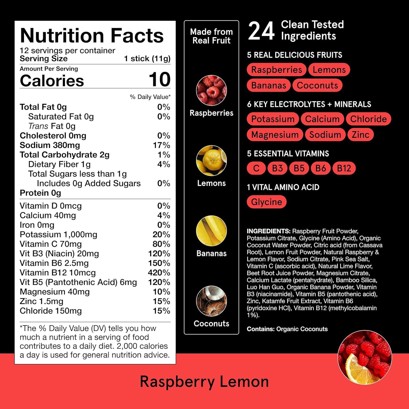 Electrolyte Hydration Powder Packets Raspberry Lemon Stevia-Free 12 Stick Packs