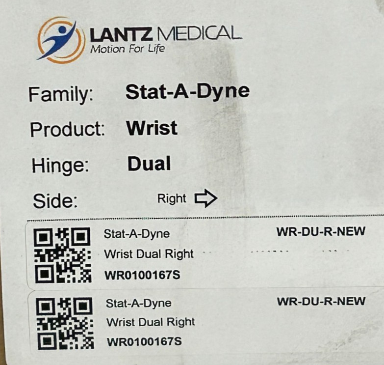 LANTZ MEDICAL STAT-A-DYNE WRIST DUAL HINGE RIGHT WR-DU-R-NEW NEW