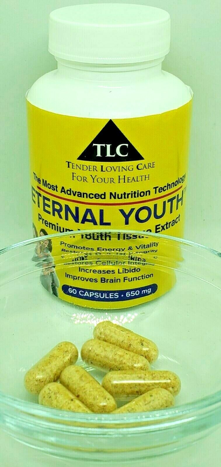 YOUNG TISSUE EXTRACT TLC ETERNAL YOUTH 650mg 60 Caps ANTI AGING FORMULA -POTENT