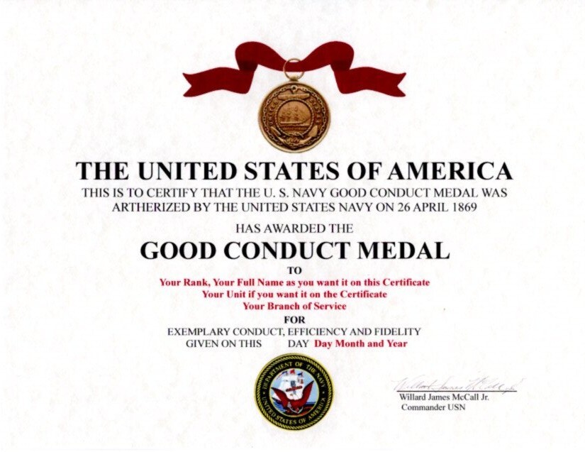 Sample of an Navy Good Conduct Certificate. This is just for you to see our work