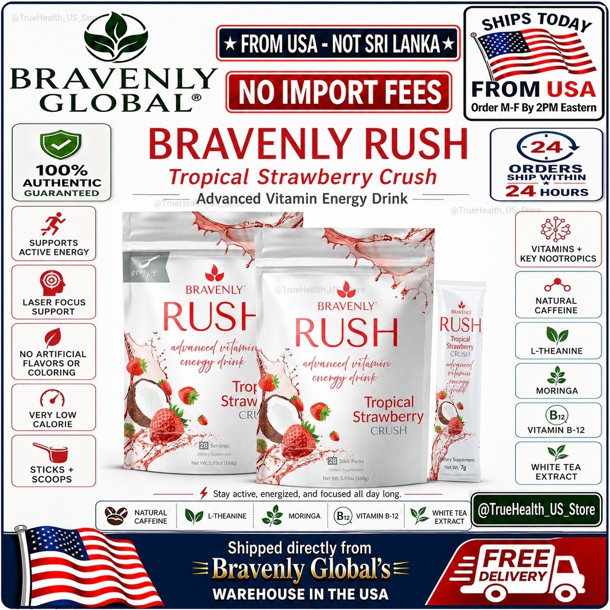 Bravenly Rush Tropical Strawberry Energy Focus Drink Mix 28 Ct Sealed🚚FromUSA🚚