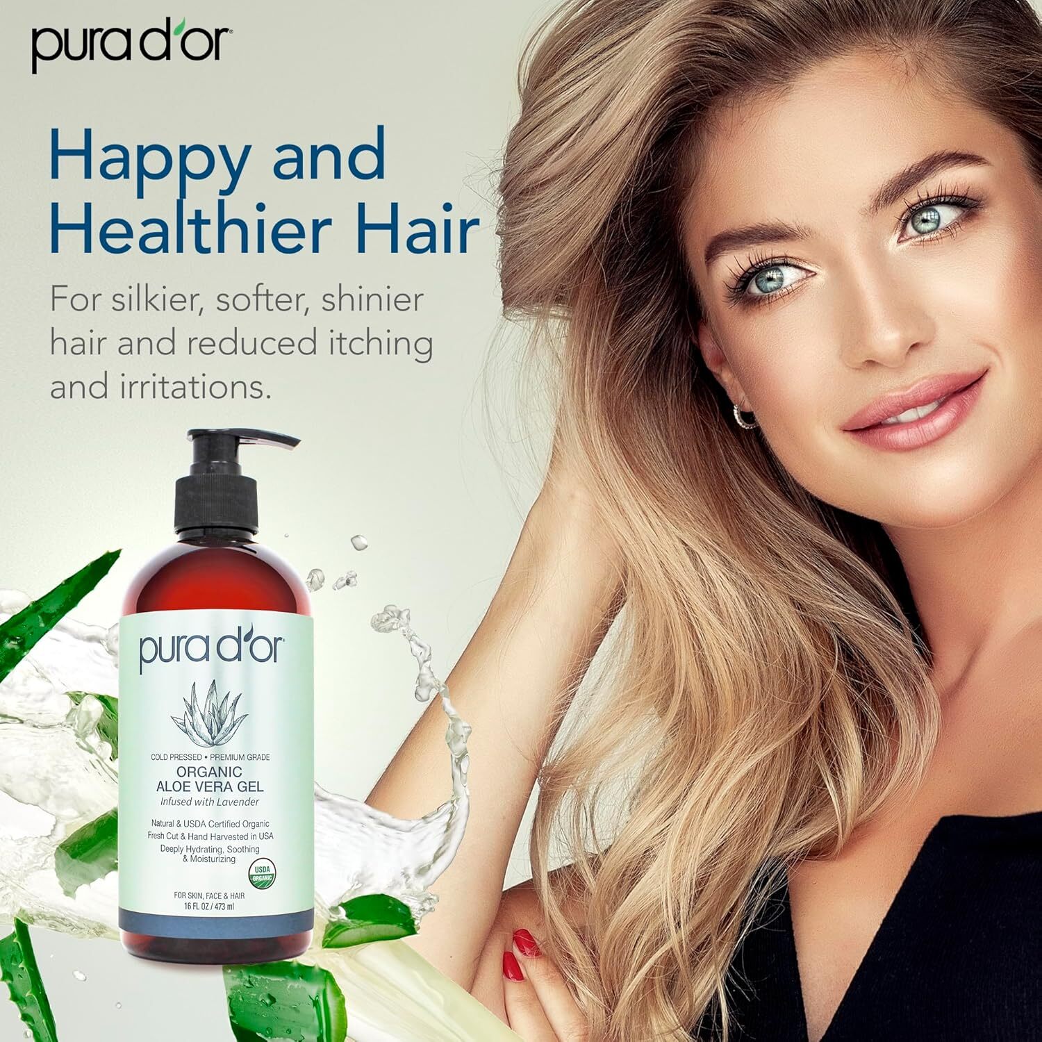 PURA D’OR Dor Organic Aloe Vera Gel 16oz Original Lavender for Face, Skin & Hair