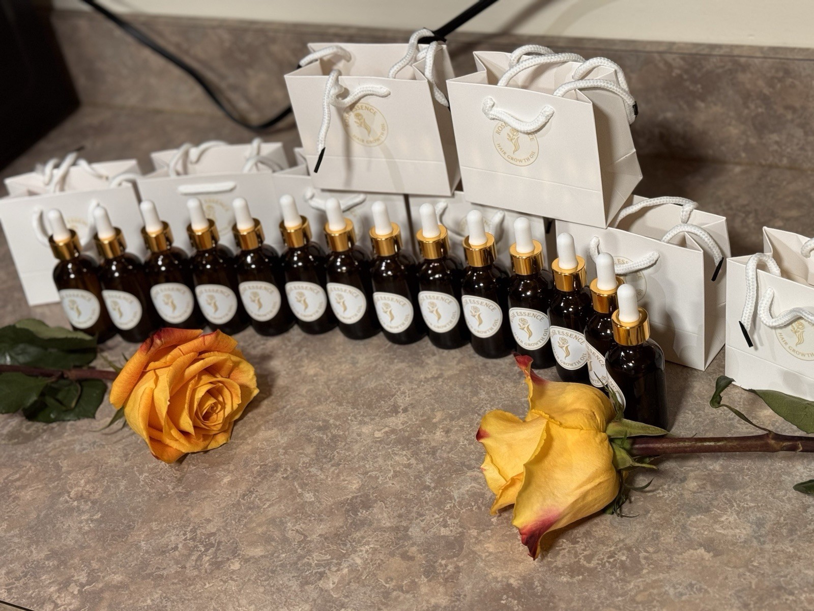 Rose Essence Hair Growth Oil Dropper Bottles Lot w/ Scalp Massager & Gift Bags