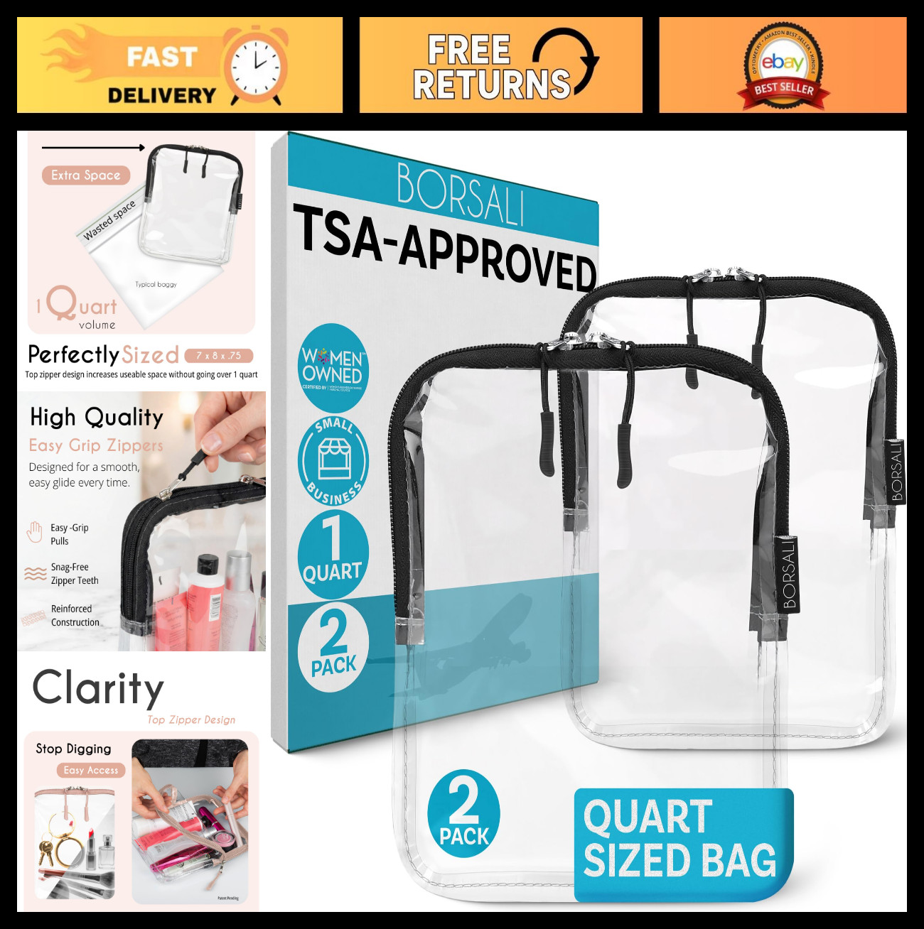 Clear TSA Approved Toiletry Bag – 3-1-1 Liquid Travel Organizer – Zippered Cosme